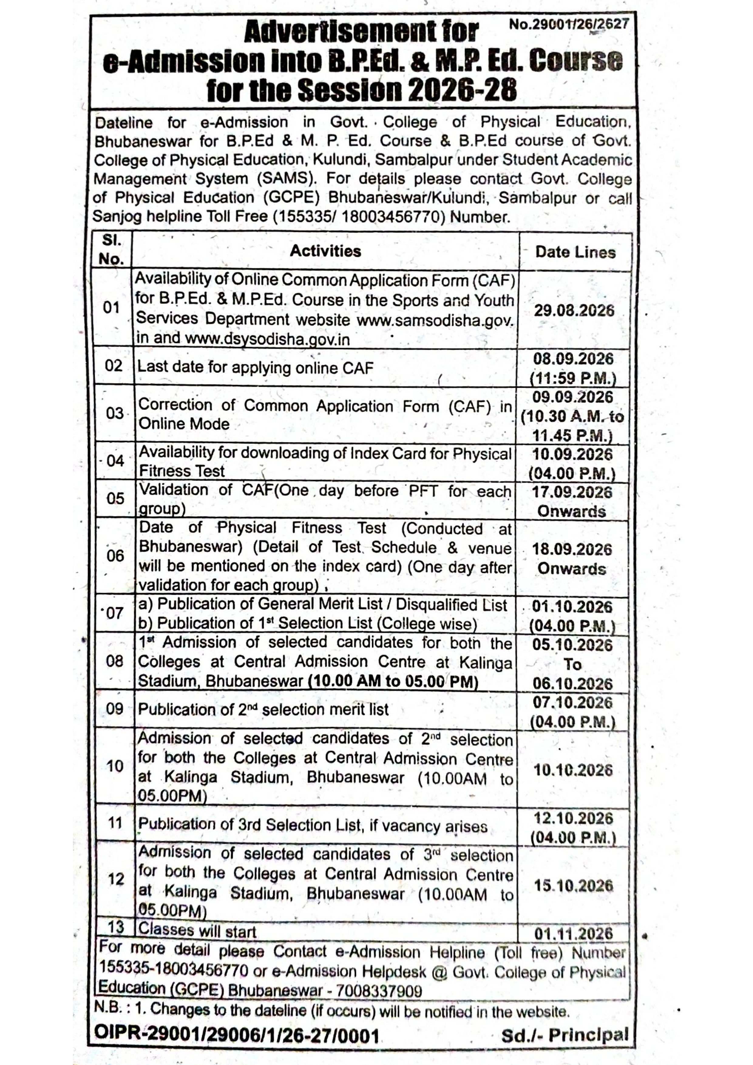 Advertisement for e-Admission into B.P.Ed & M.P.Ed Course for the Session 2026-28